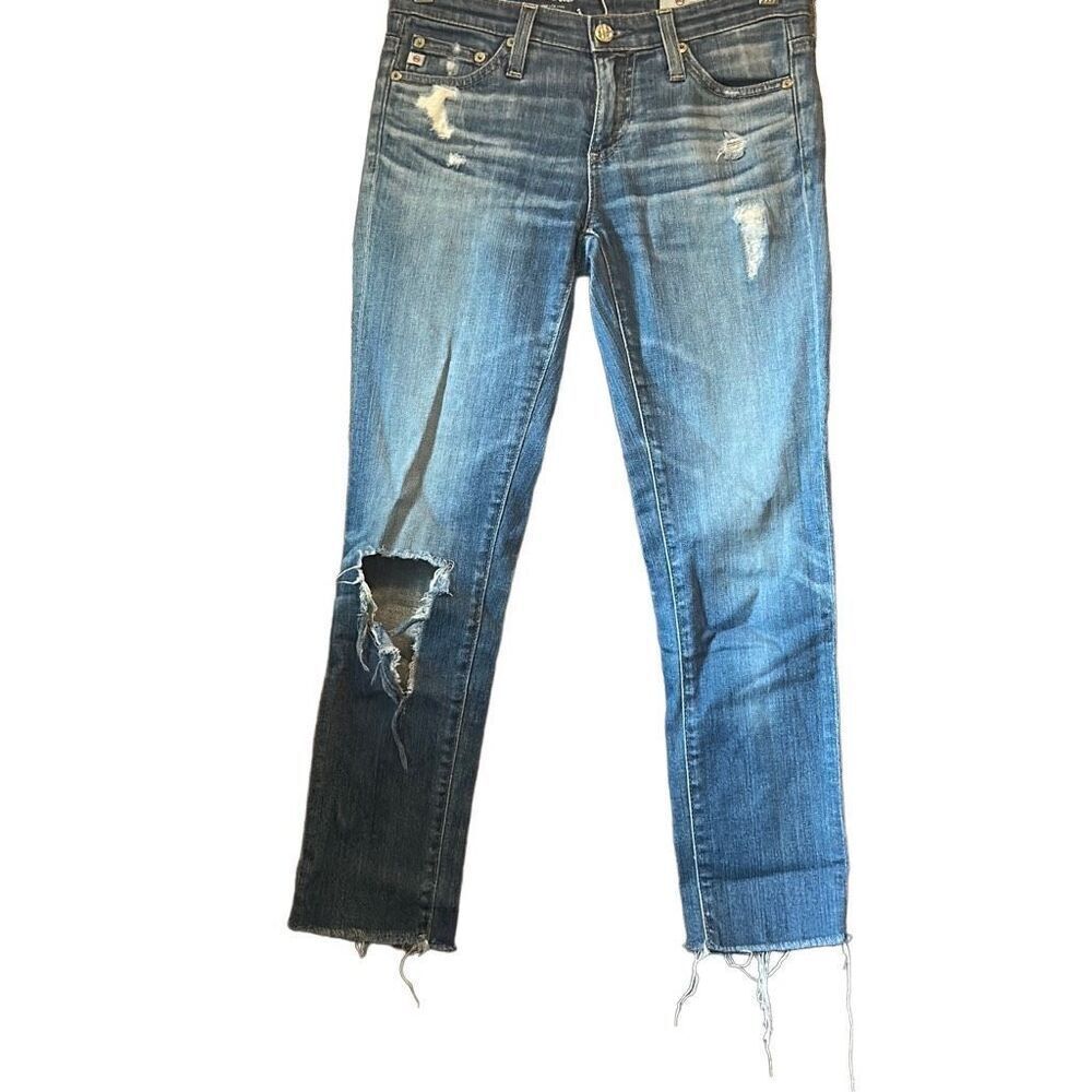 AG The Stilt Crop Distressed Hem Ripped‎ Knee Ankle Skinny Jeans